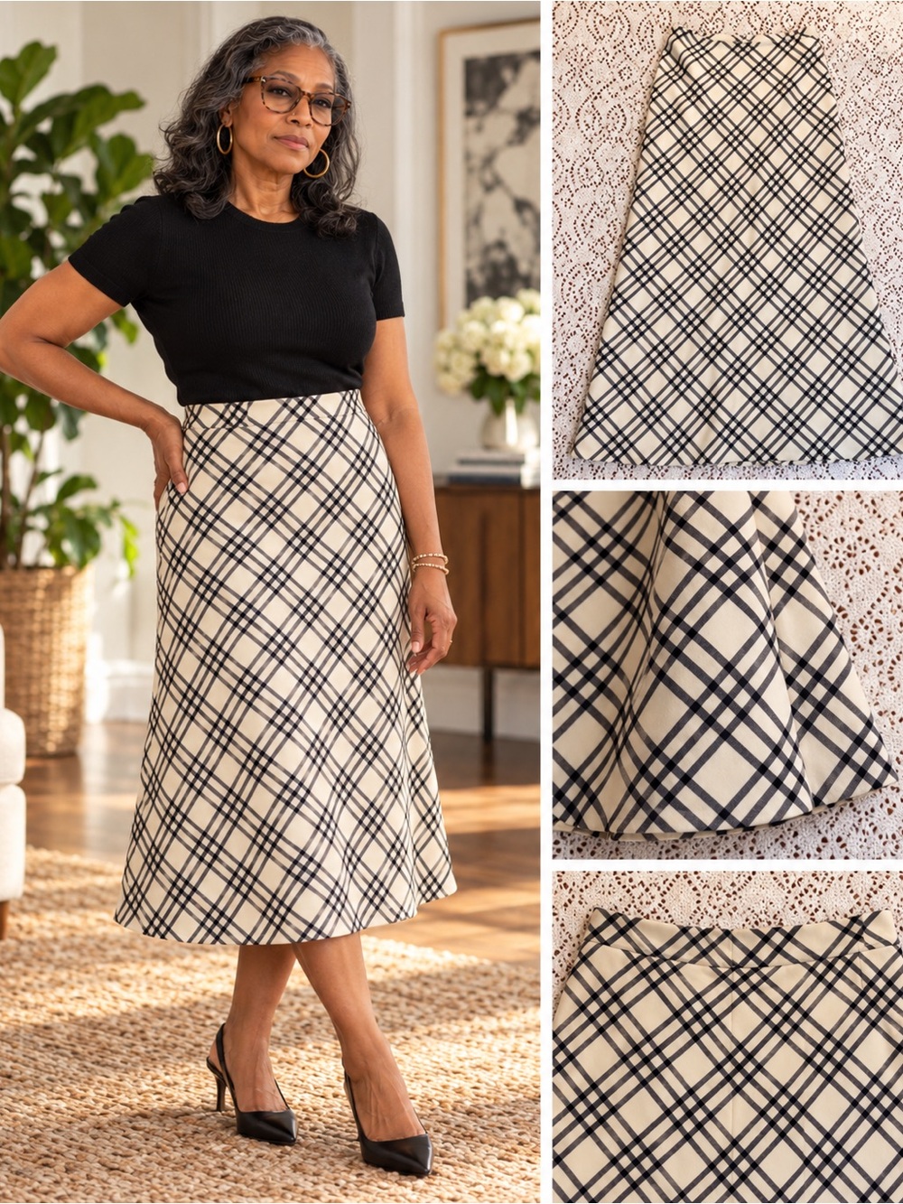 Brooks Brothers Wool Cream and Black Plaid A-Line Skirt Size 2